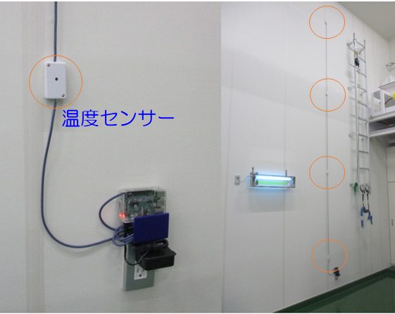 場内の壁面に設置された温度センサー