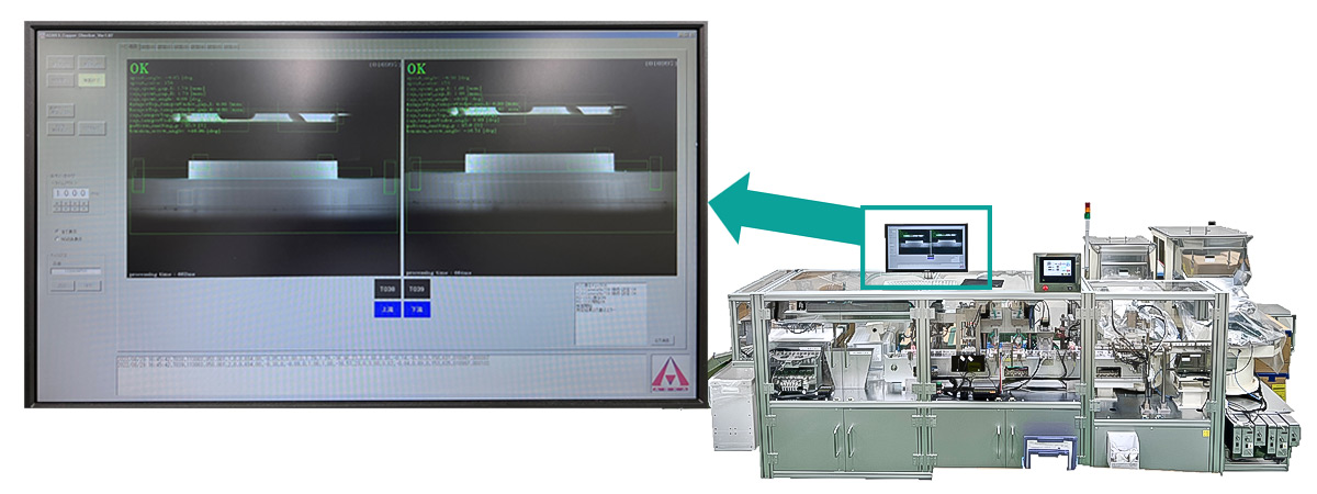 左：セット機のカメラ検査画面　/　右：自動組立機（通称：セット機）