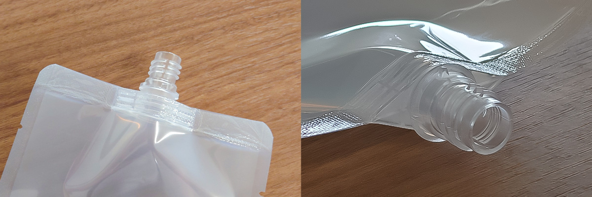 PETスパウトとパウチフィルムを溶着したところ